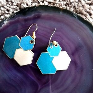 Vintage Geometric Hexagon Blue and White Dangle Earrings